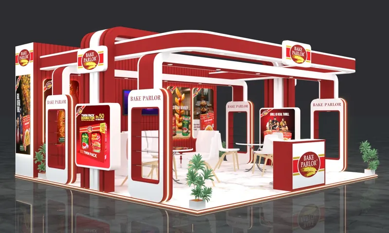 3D isometric render of an exhibition stand design shown to scale from above
