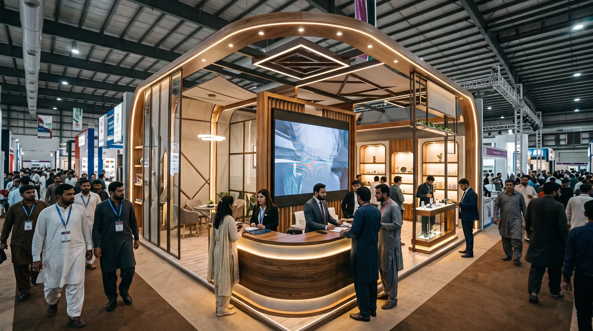 Custom 6x3 island exhibition booth with reception counter and open display area