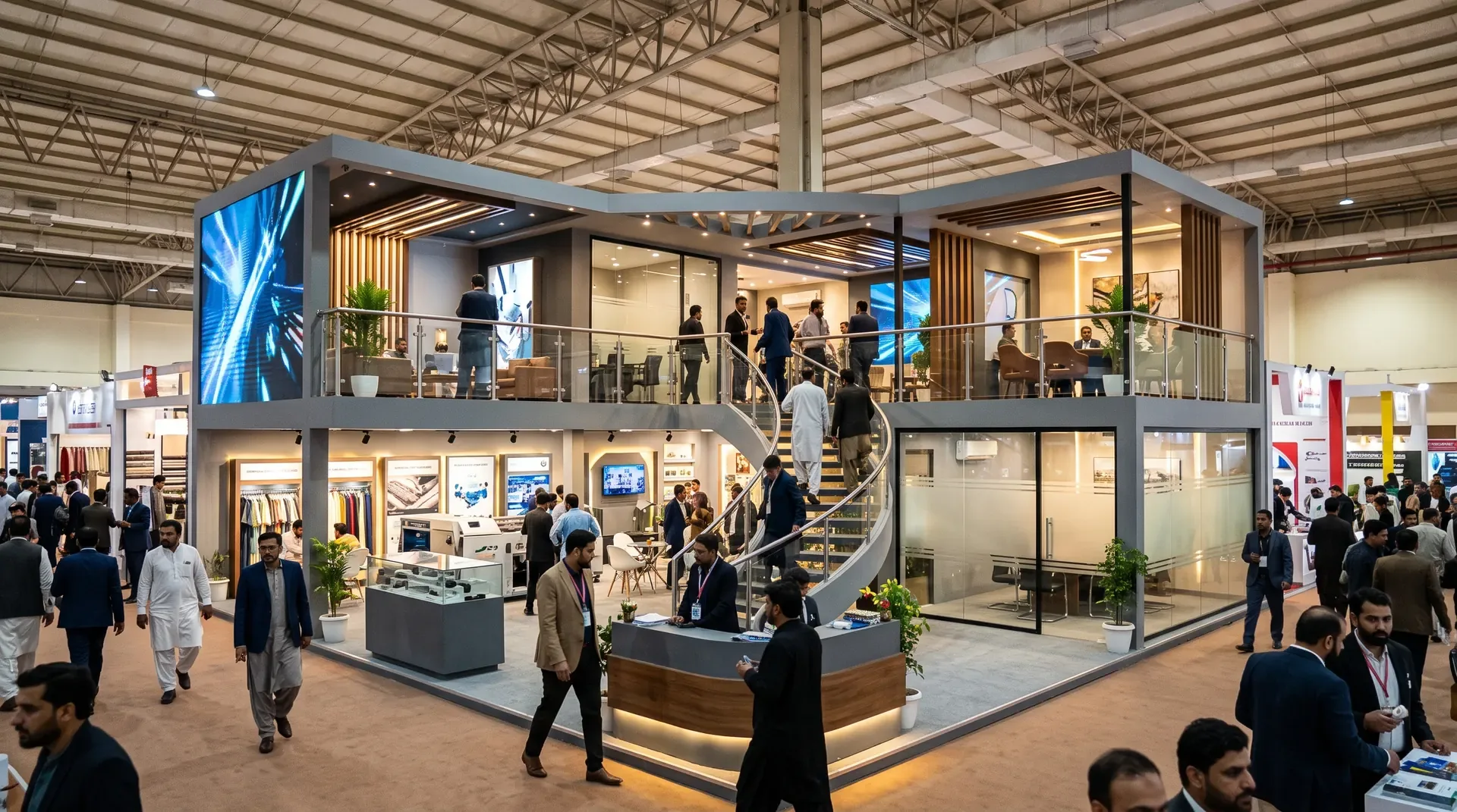 Two-storey exhibition booth illustrating a larger-budget custom build in Pakistan