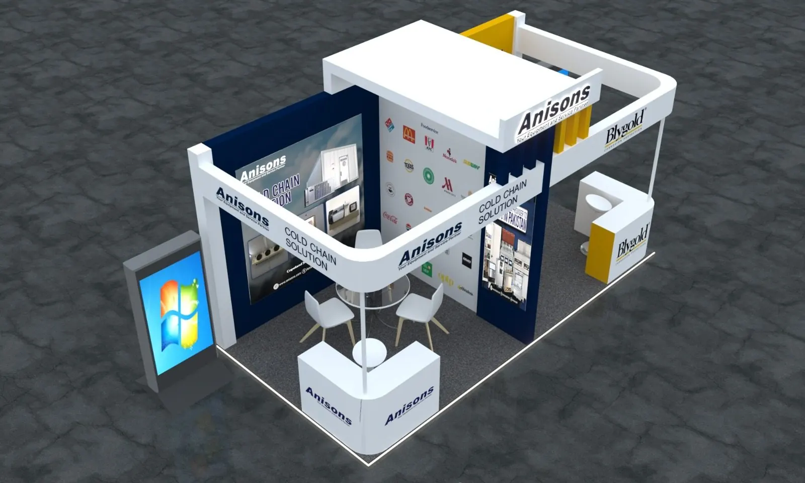 Aerial view of the Anisons and Blygold Pakistan exhibition stall layout with reception counters and meeting table at PLFE, Karachi