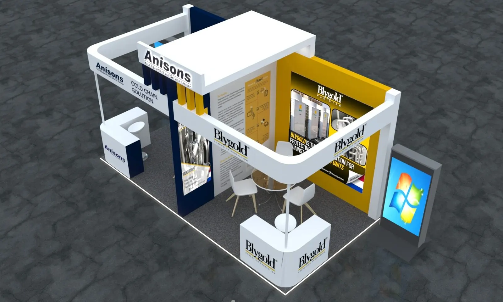 Reverse aerial view of the Anisons and Blygold Pakistan exhibition stall design at Pakistan Lifestyle Furniture Expo in Karachi